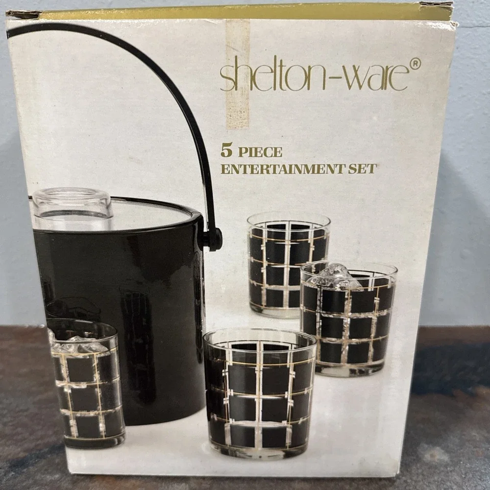 Vintage Shelton-Ware Ice Bucket & 4 Glasses MCM Black Gold Grid Barware Set NIB